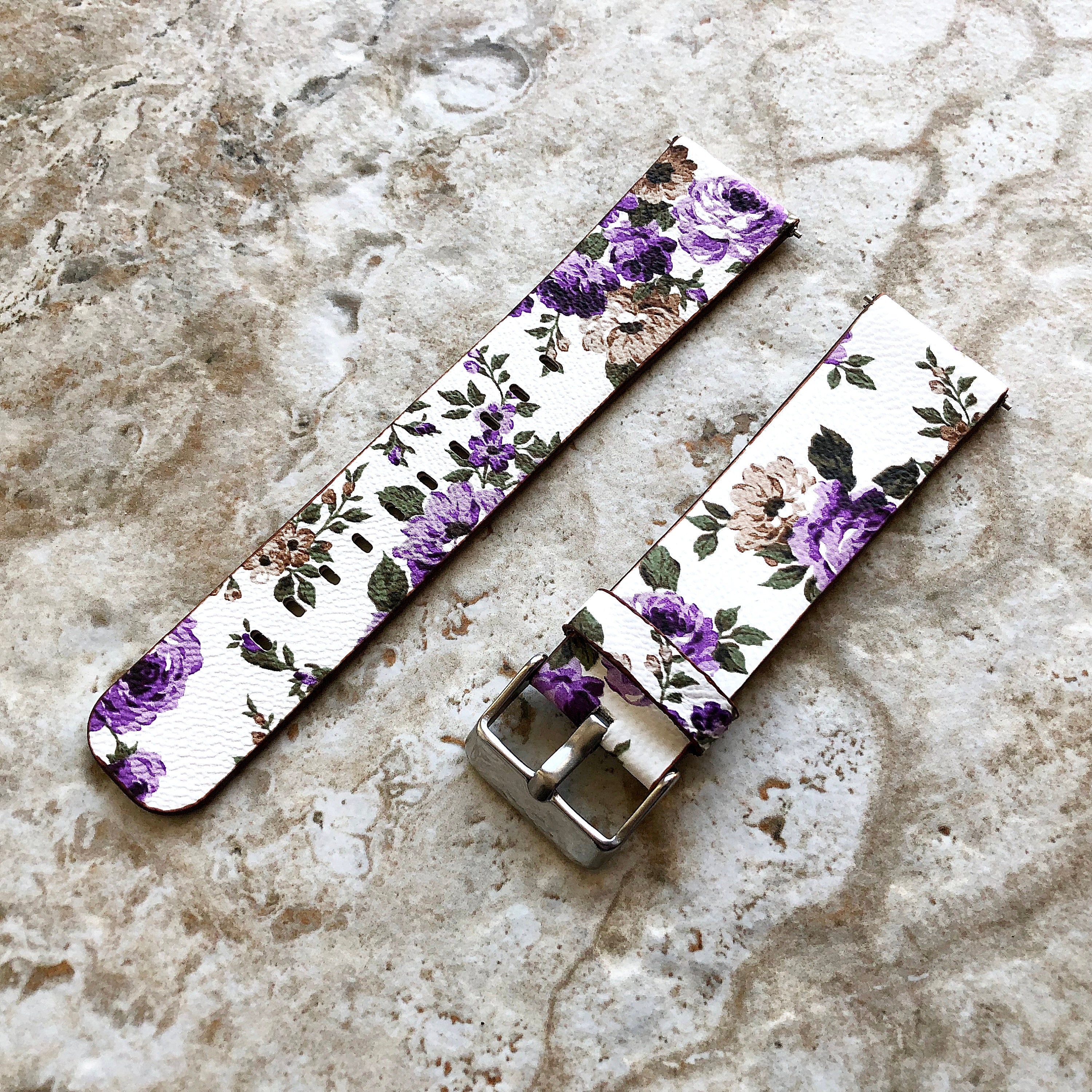 22mm Width Purple Floral FL-4 Soft Leather Watch Strap Band for Wrist Hand Watches - Quick Release Pins Included Easy and Ready to Attach